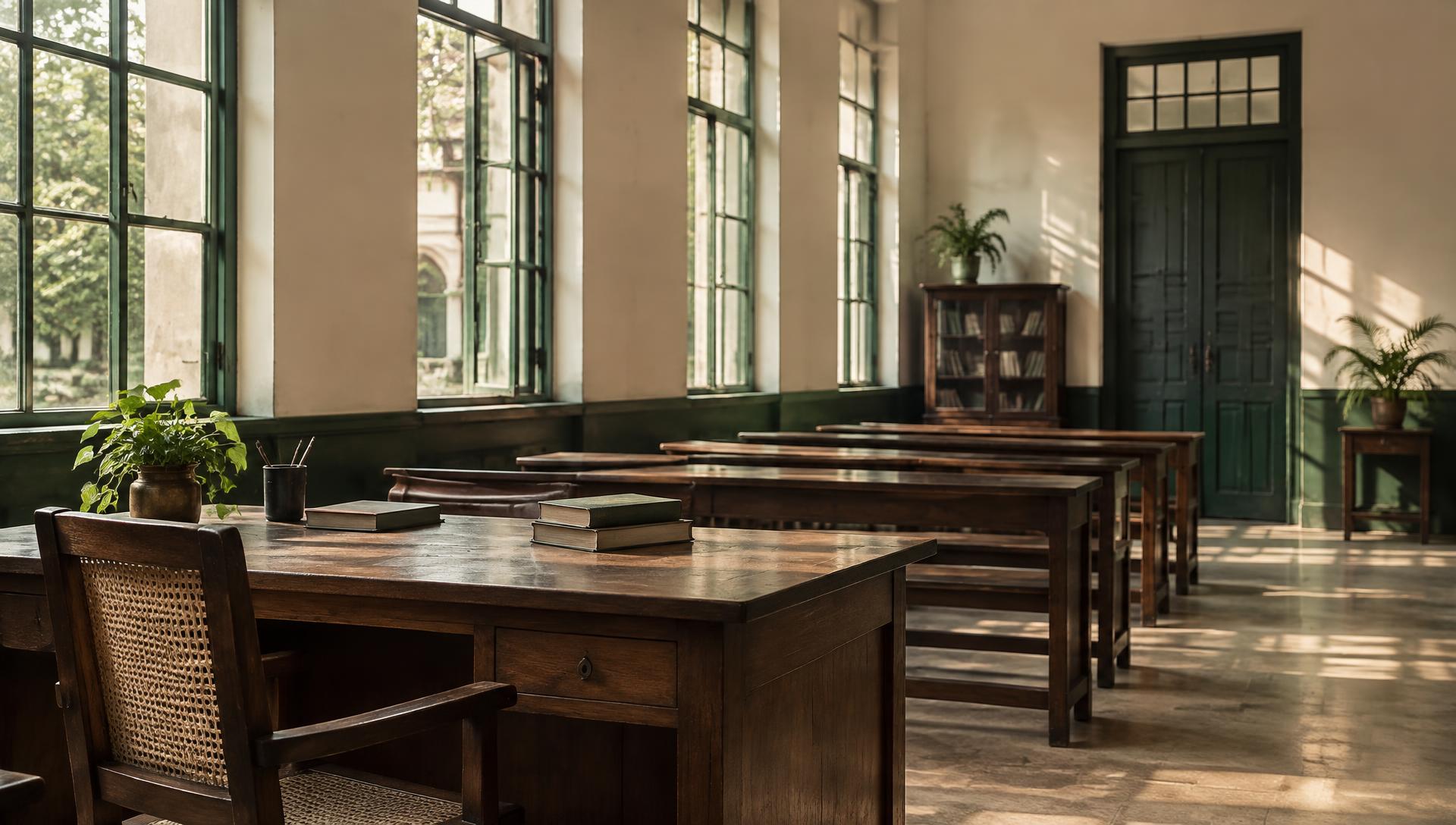 Morning light in a quiet community study hall with wooden desks and books